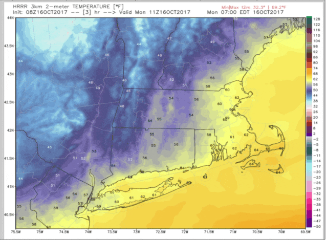 Colder air from Canada will sweep into southern New England Monday (Courtesy Weatherbell)