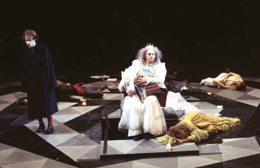 Thomas Derrah (center) as Miss Havisham in "The Idiots Karamazov" in 1999. (Courtesy Richard Feldman/American Repertory Theater)
