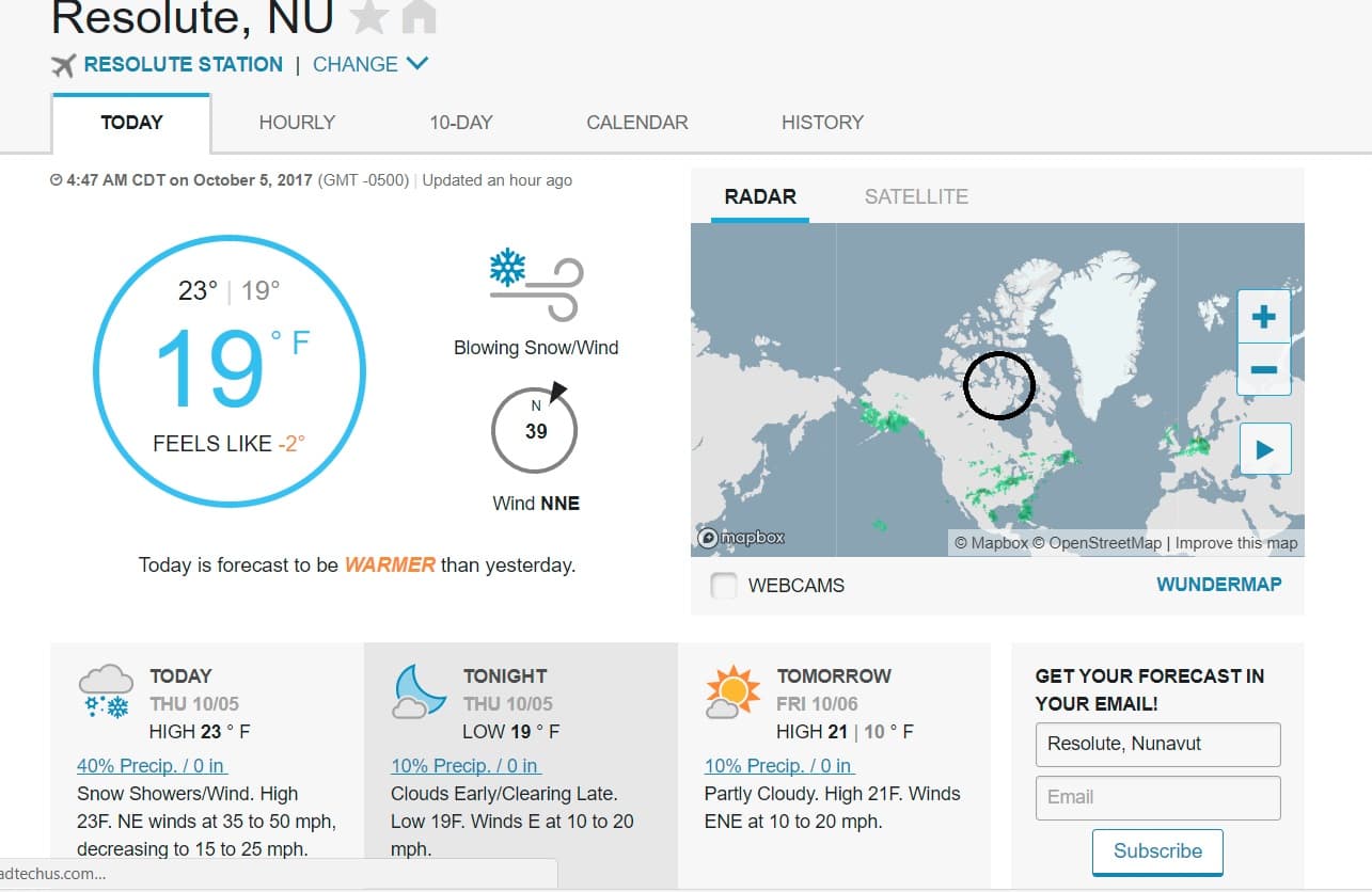 Cold air in northern Canada Thursday morning. (Courtesy Weather Underground)