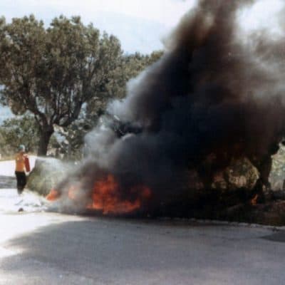 Redman calls this his "Joan of Arc" moment -- as he and his car burn at the Targa Florio. (Brian Redman Collection)