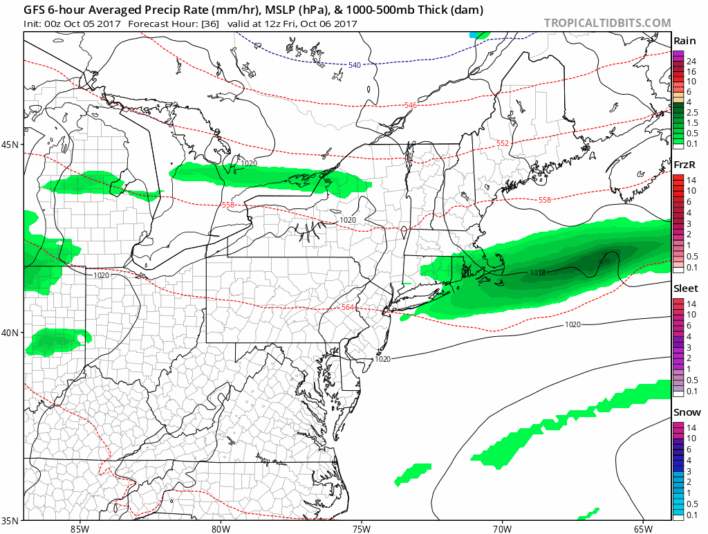 A few showers could occur before Monday, but until then they will be quite scattered and short-lived. (Courtesy Tropical Tidbits)