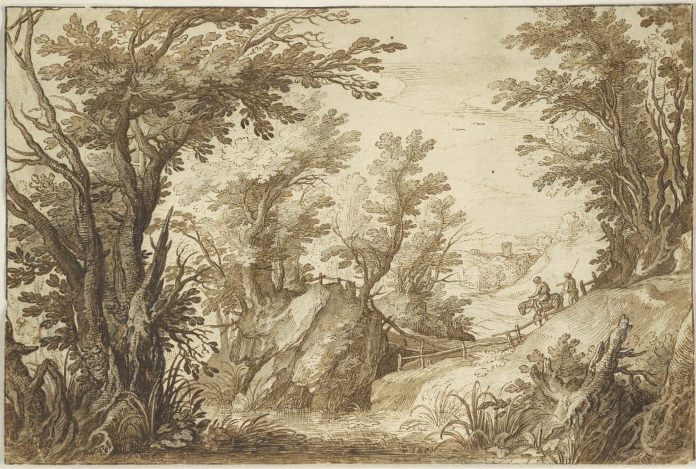 Paul Bril's "Wooded Landscape with Travelers" was drawn around 1600. This drawing is currently one of the 31 on display at the Harvard Art Museums. (Courtesy Harvard Art Museums)