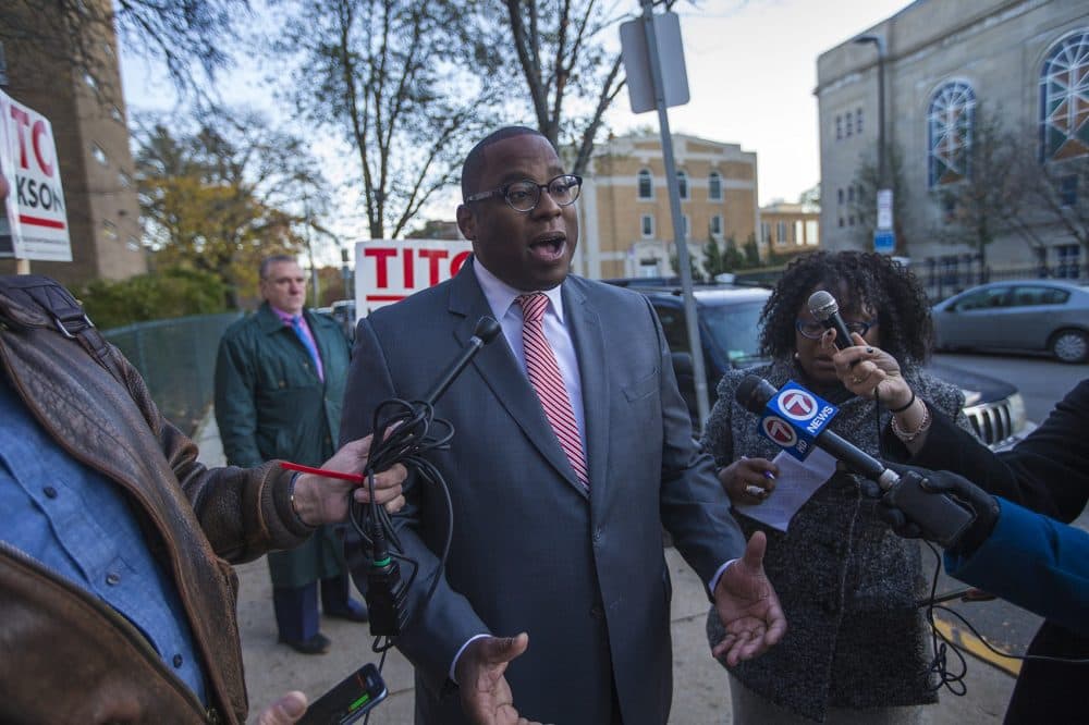 Jackson speaks to the press before voting on Elm Hill Avenue in Roxbury. (Jesse Costa/WBUR)