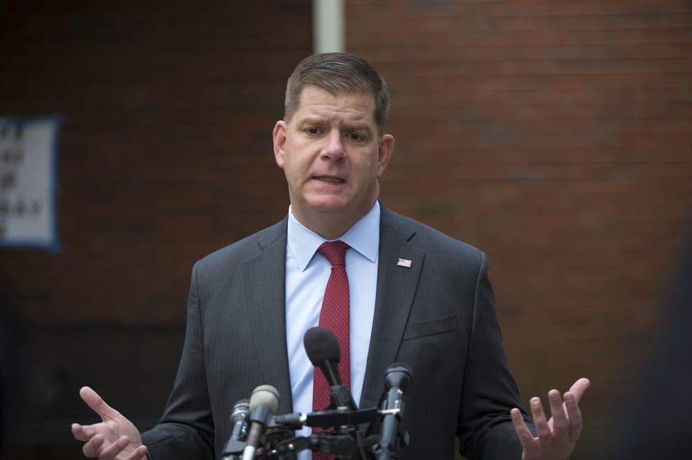 After voting, Boston Mayor Marty Walsh addresses the media. (Jesse Costa/WBUR)