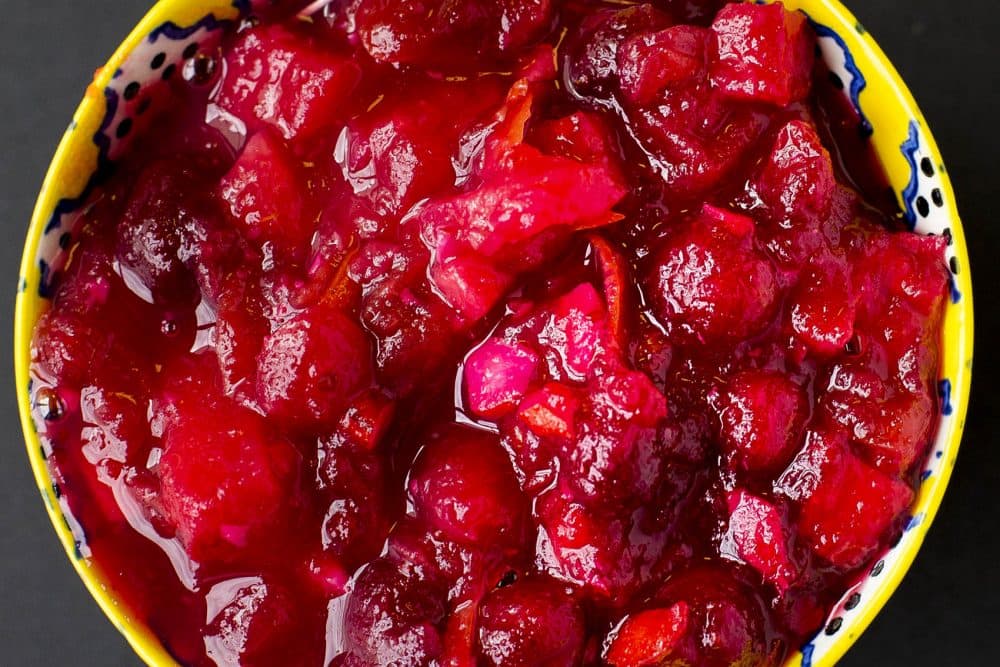 Kathy's cranberry sauce with orange, ginger, pineapple and pecans. (Jesse Costa/WBUR)