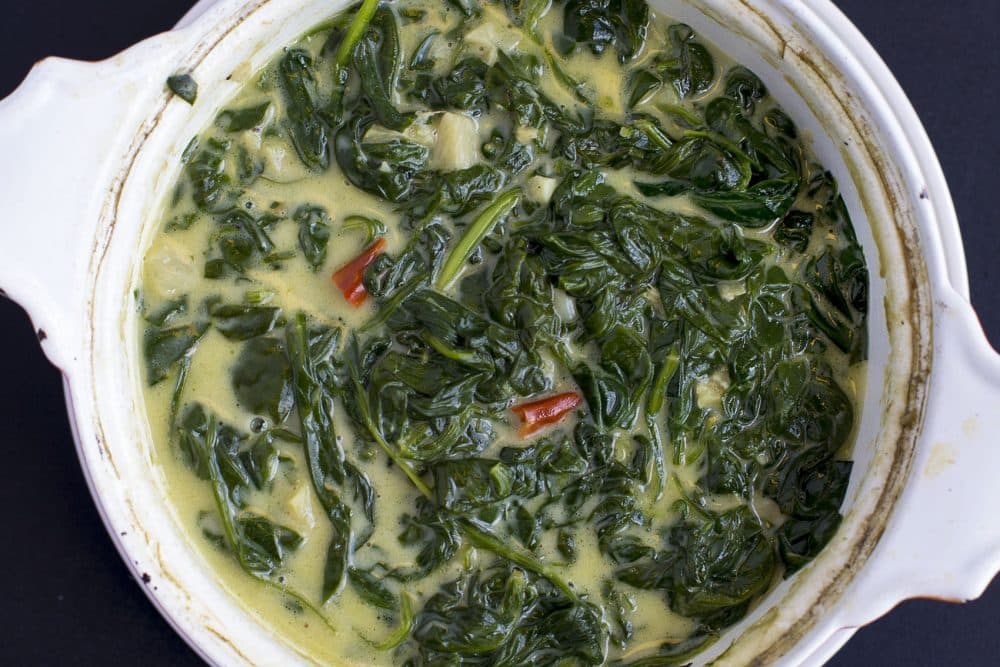 Kathy's take on creamed spinach, using coconut milk instead of heavy cream. (Jesse Costa/WBUR)