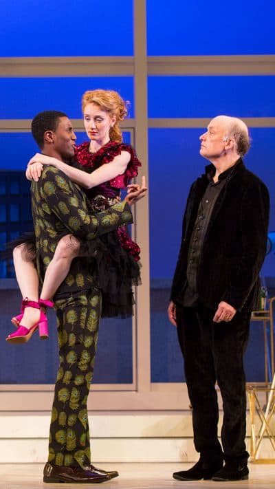Gabriel Brown as Valère, Sarah Oakes Muirhead as Mariane and Frank Wood as Orgon in "Tartuffe." (Courtesy T. Charles Erickson/Huntington Theatre Company)