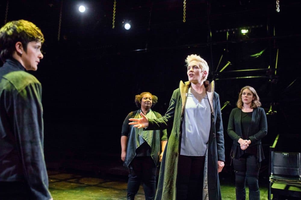 Left to right, Julee Antonellis as Cicero, MaConnia Chesser as Casca, Liz Adams as Caesar and Charlotte Kinder as Portia in Actors' Shakespeare Project's "Julius Caesar." (Courtesy Maggie Hall)