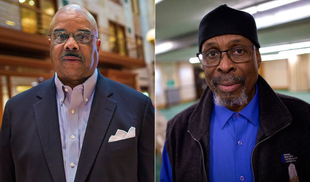 Syracuse 8 members Dana Harrell, left, and Alif Muhammad are photographed in Boston. (Jesse Costa/WBUR)