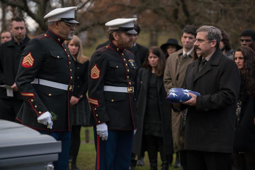 Laurence Fishburne as Mueller, Bryan Cranston as Sal and Steve Carell as Larry in "Last Flag Flying." (Courtesy Amazon Studios)