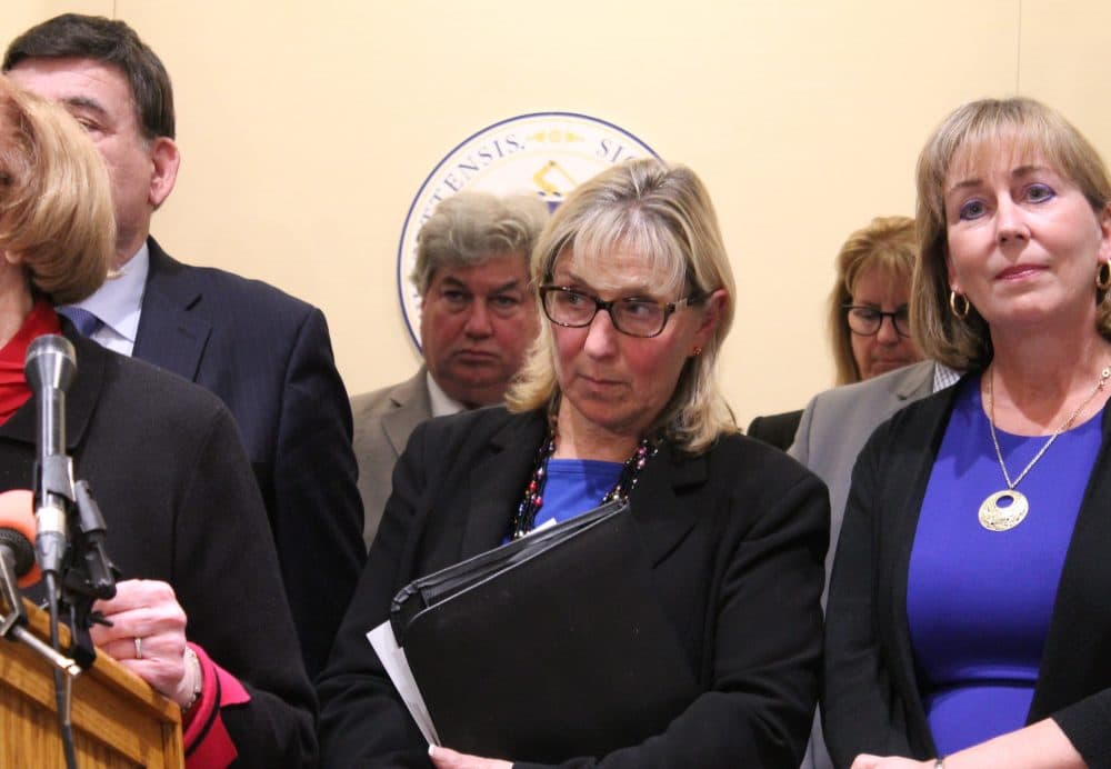 Sen. Karen Spilka watched fellow senators during Monday night's press conference after a marathon set of private caucuses. (Sam Doran/SHNS)