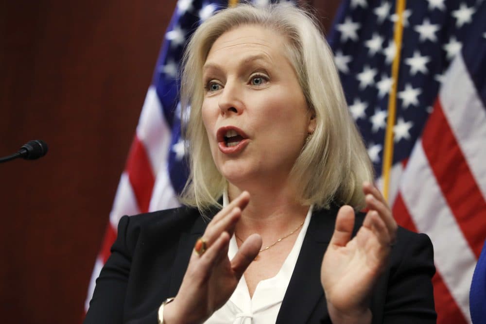 Sen. Kirsten Gillibrand, D-N.Y., answers a question about her statement on Sen. Al Franken, D-Minn., at the end of a news conference on sexual harassment in the workplace on Wednesday. (Jacquelyn Martin/AP)