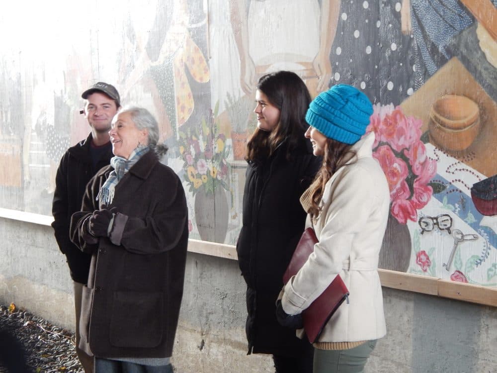 Connor Woods, Heidi Schork, Lauren Donnellan and Katherine Copeland at the unveiling. (Phaedra Scott/WBUR)