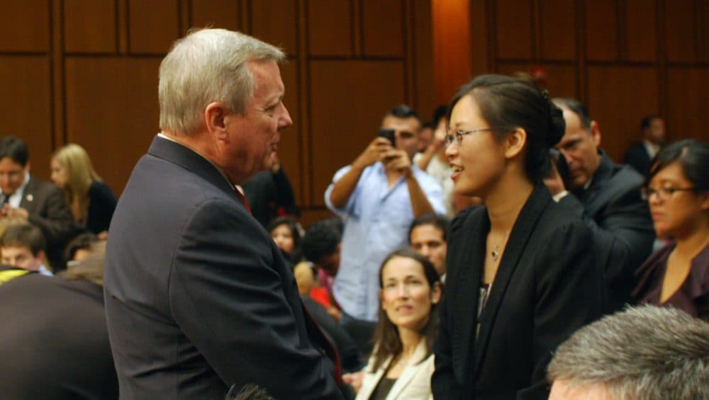 Sen. Richard Durbin speaks with Tereza Lee several years ago. (Courtesy Tereza Lee)