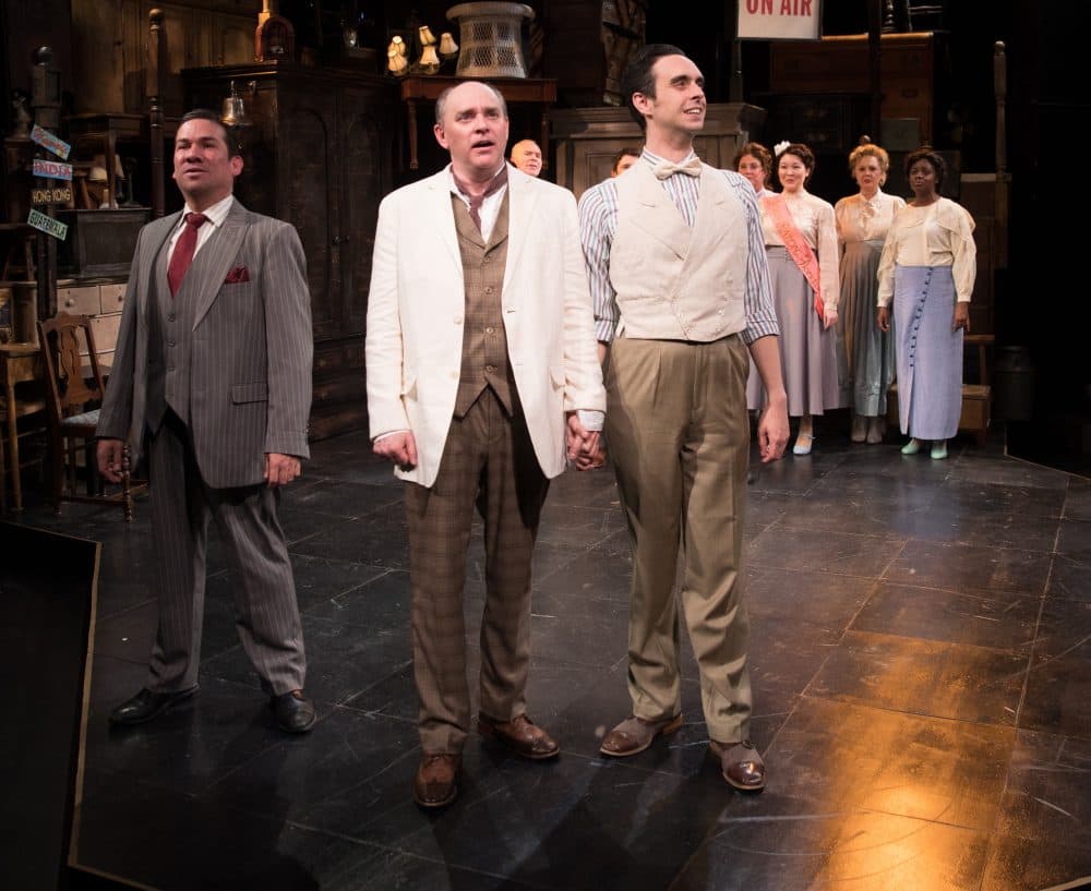 Tony Castellanos as Wilson Mizner, Neil A. Casey as Addison Mizner and Patrick Verner as Hollis with the cast of "Road Show." (Courtesy Maggie Hall)