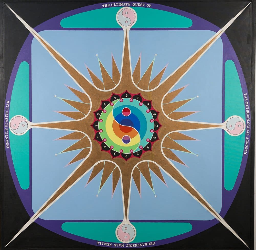Paul Laffoley's "The Ultimate Quest," created in 1968 with oil, acrylic and hand applied vinyl lettering on canvas. (Courtesy of the Estate of Paul Laffoley/deCordova)