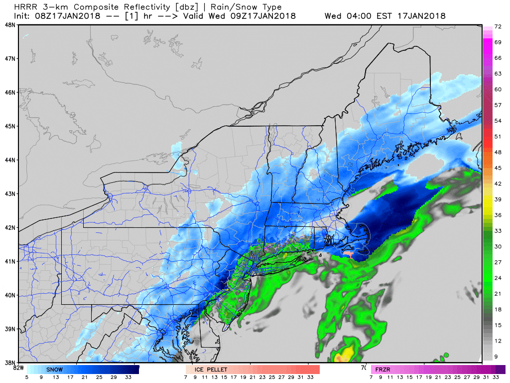 Most of the snow will fall by 2 or 3 p.m, but some light snow lingers until around dark. (Courtesy WeatherBell)