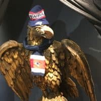 The Eagle Room in Boston City Hall was temporarily renamed "The Belichick Room," and its carved wooden eagle was decked out in Patriots garb. (Steve Brown/WBUR)