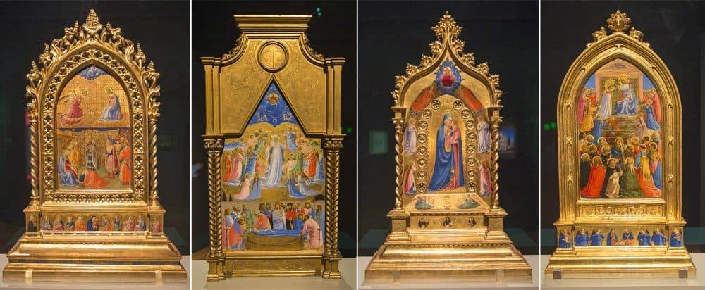 Fra Angelico's reliquaries. From the left, "Annunciation and Adoration of the Magi," "Death and Assumption of the Virgin," "Madonna delle Stelle" and "Coronation of the Virgin." (Jesse Costa/WBUR)
