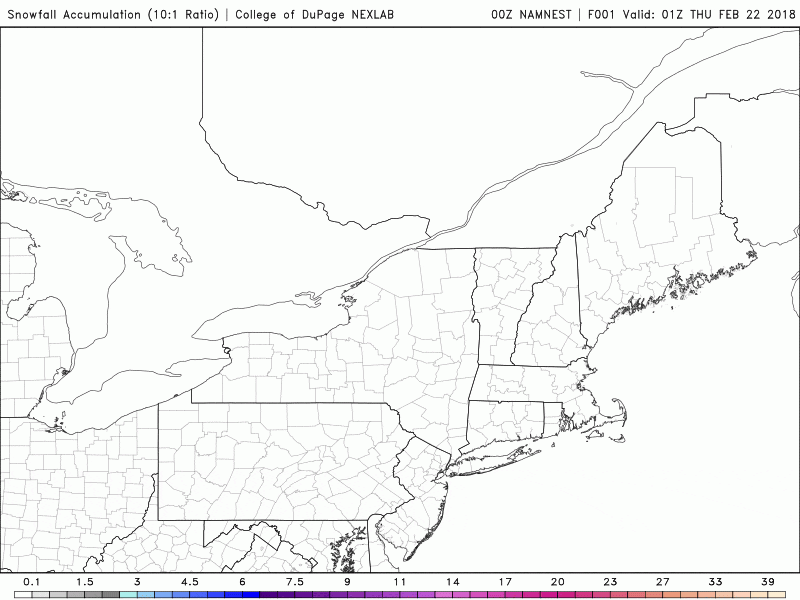 Most areas won't see more than a coating of snow later Thursday (Courtesy COD Weather)