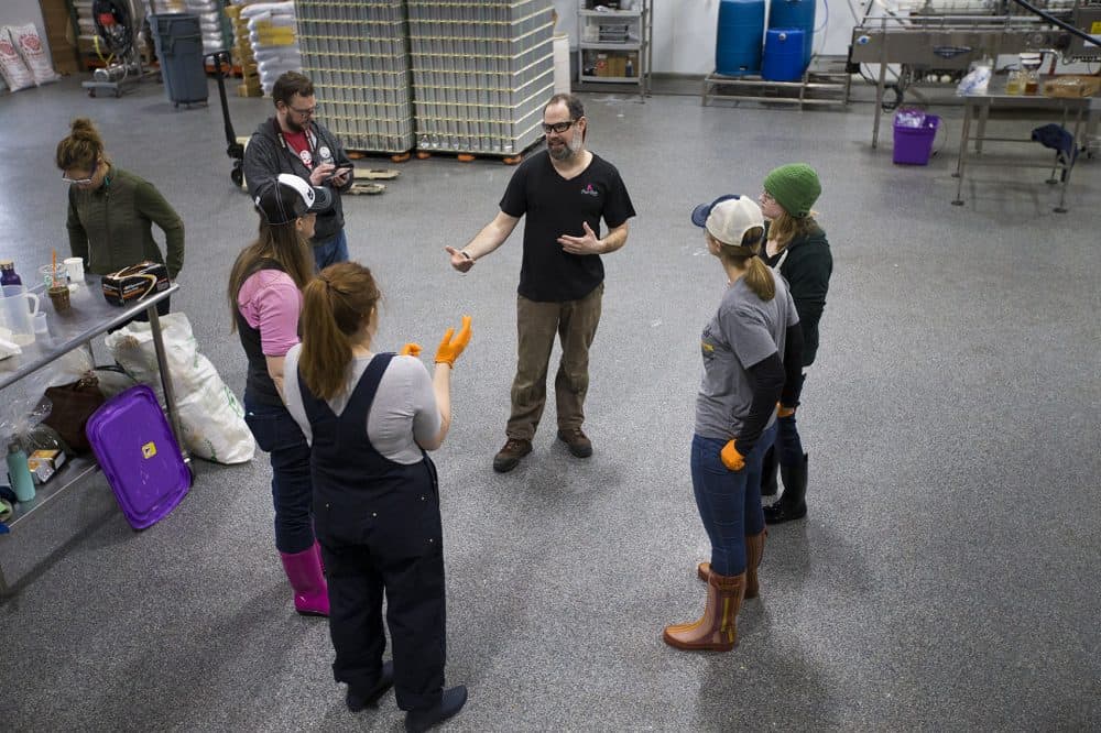 Exhibit "A" co-founder and head brewer Matthew Steinberg explains the beer-making process at the brewery. (Jesse Costa/WBUR