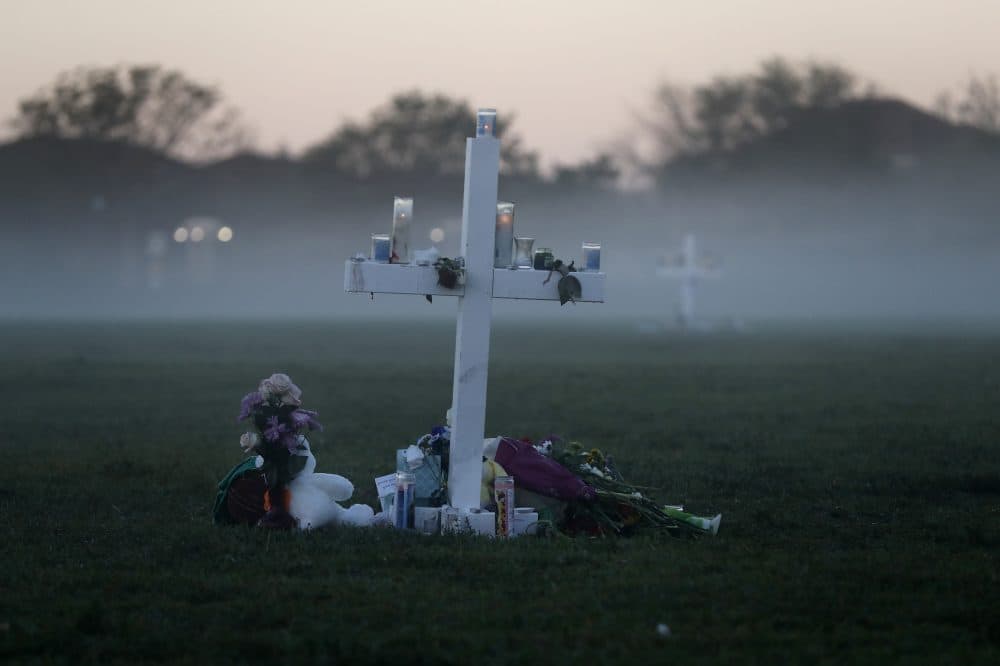 An early morning fog rises where 17 memorial crosses were placed, for the 17 deceased students and faculty from the Wednesday shooting at Marjory Stoneman Douglas High School, in Parkland, Fla., Saturday, Feb. 17, 2018. (Gerald Herbert/AP)
