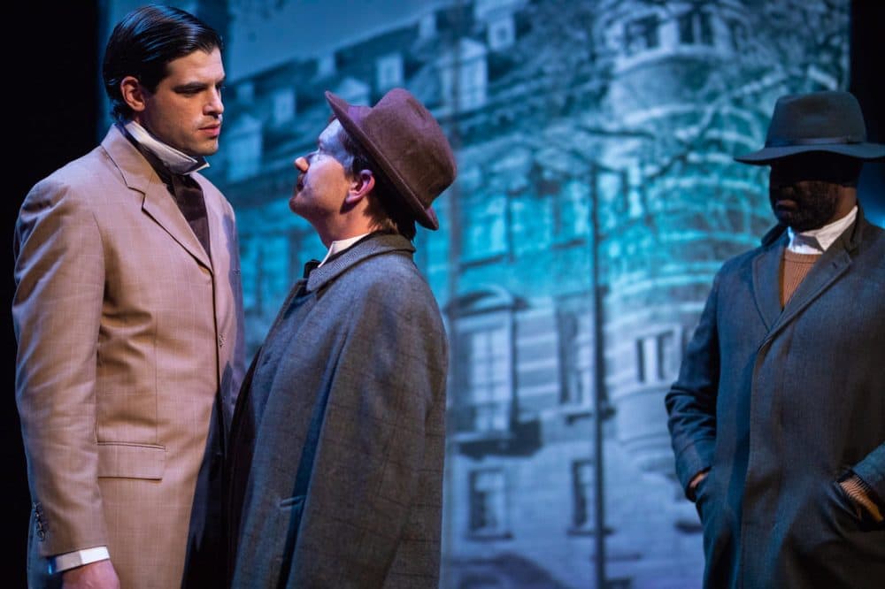 Daniel Berger-Jones as Scotland Yard inspector Thomas Chapman, Shelley Bolman as fellow inspector Gregory Lestrade, and Damon Singletary as Chapman's sidekick Mr. Greener in "Miss Holmes." (Courtesy Nile Scott Shots/GBSC)