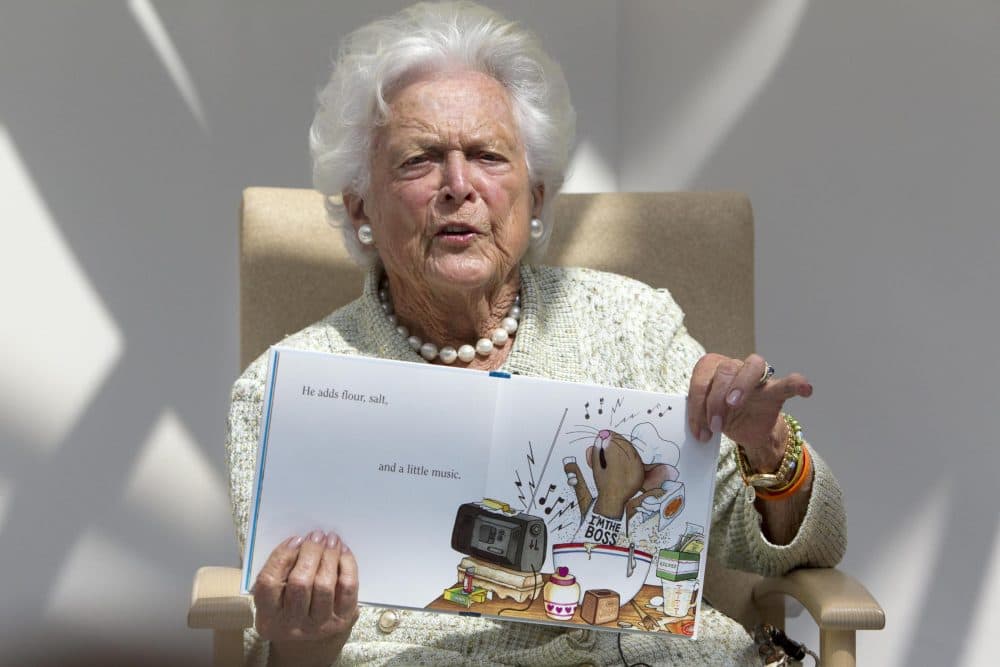 Former first lady Barbara Bush reads to children at the Barbara Bush Children’s Hospital in Portland, Maine. (Robert F. Bukaty/AP)