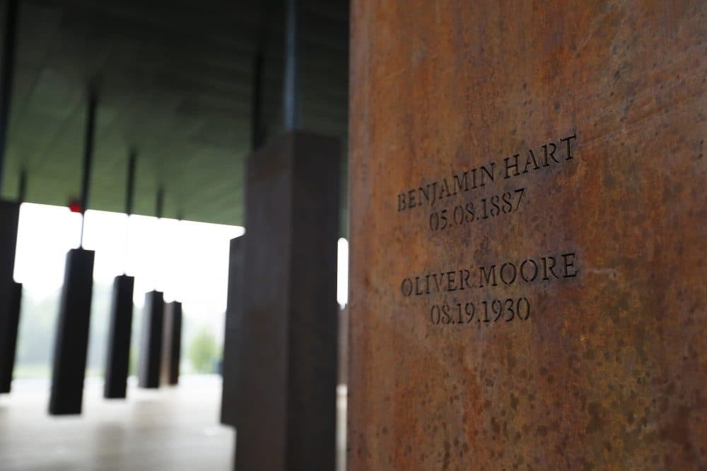 This photo shows names of lynching victims at the National Memorial for Peace and Justice, a new memorial to honor thousands of people killed in racist lynchings, Sunday, April 22, 2018, in Montgomery, Ala. (Brynn Anderson/AP)