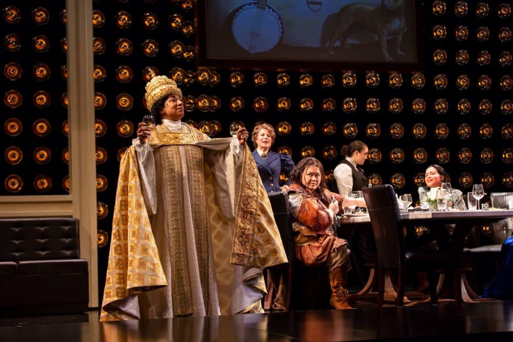 Sophia Ramos as Pope Joan, Paula Plum as Isabella Bird, Carmen M. Herlihy as Dull Gret, Kiara Pichardo as a waitress and Carmen Zilles as Marlene in "Top Girls." (Courtesy T Charles Erickson)
