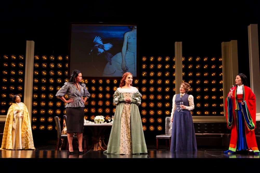 Sophia Ramos as Pope Joan, Carmen Zilles as Marlene, Elia Monte-Brown as Patient Griselda, Paula Plum as Isabella Bird and Vanessa Kai as Lady Nijo in Huntington Theatre Company's "Top Girls." (Courtesy T Charles Erickson)