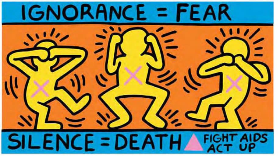 Keith Haring's 1989 "Ignorance=Fear Silence=Death Fight AIDS Act Up." (Courtesy Davis Museum)