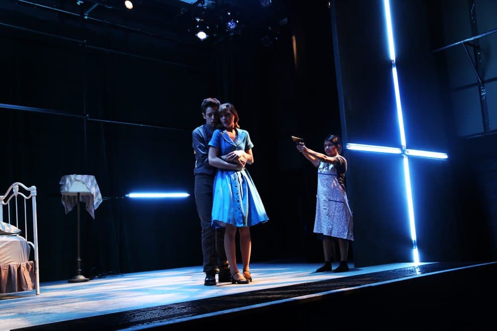 Brendan Callahan, Alexandra Upton, and Swetha Vissapragada in "1984." (Courtesy David Costa/Boston Children's Theatre)