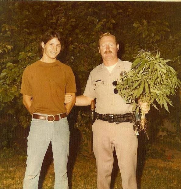 Johnny Grandizio, left, and Officer Bob Winterstein, in 1975, in Huntington Beach, California. Winterstein arrested Grandizio for that enormous marijuana plant, but the charges were later dropped. (Family Photo)