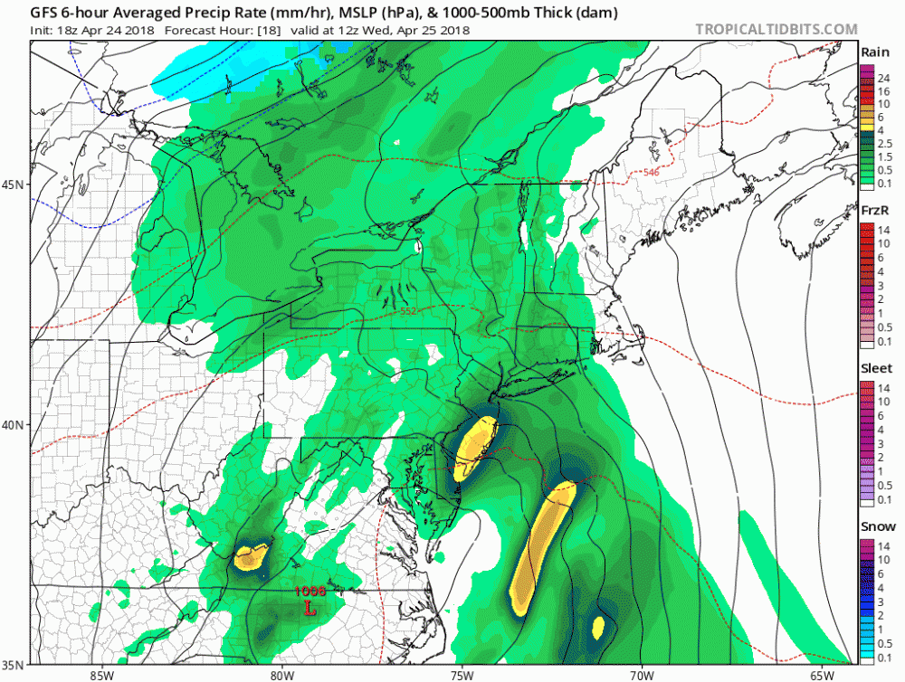 Showers, heavy at times, move through the area today. (Courtesy Tropical Tidbits)