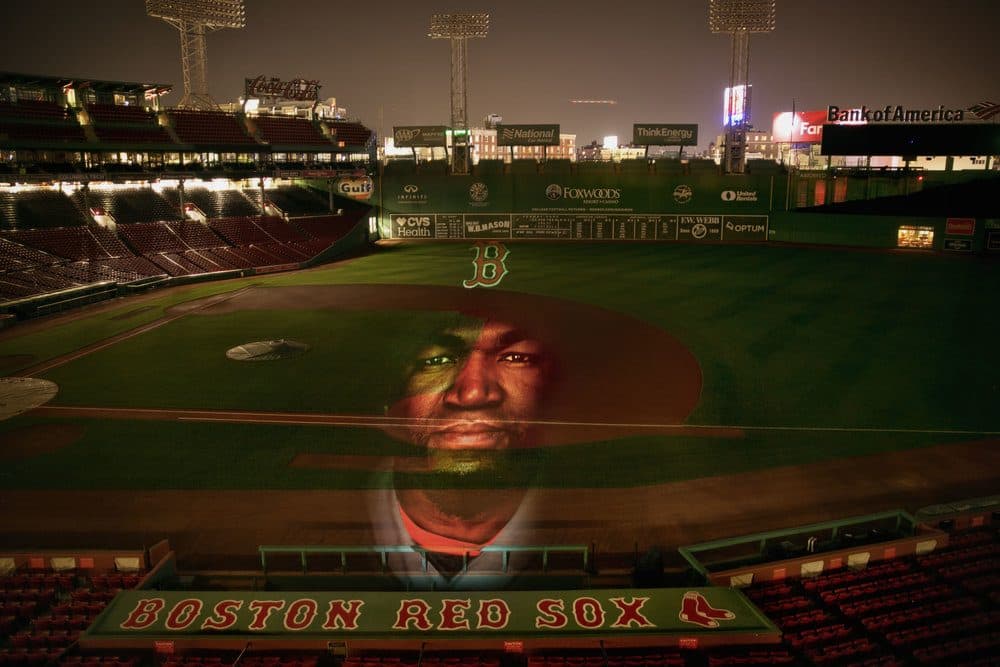 A portrait of former Red Sox slugger David Ortiz ("Big Papi") projected in Fenway Park. (Courtesy Erik Jacobs)