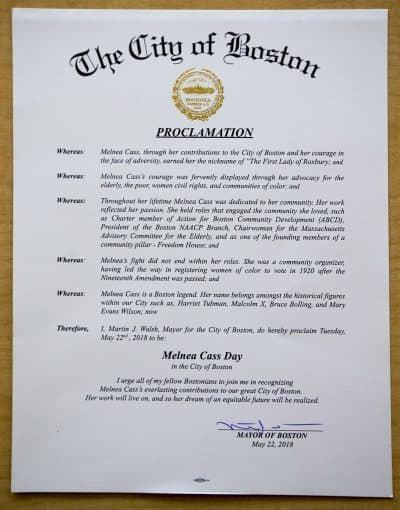The Walsh administration declares May 22, 2018, "Melnea Cass Day" in the city of Boston. (Jesse Costa/WBUR)