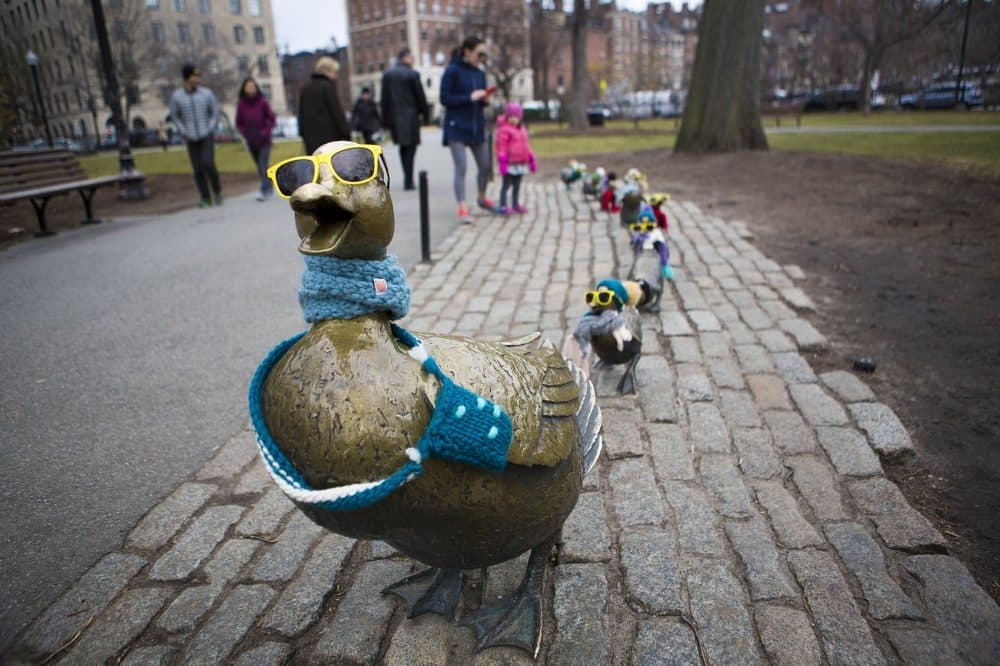 The "Make Way For Ducklings" statues in the Public Garden. (Jesse Costa/WBUR)