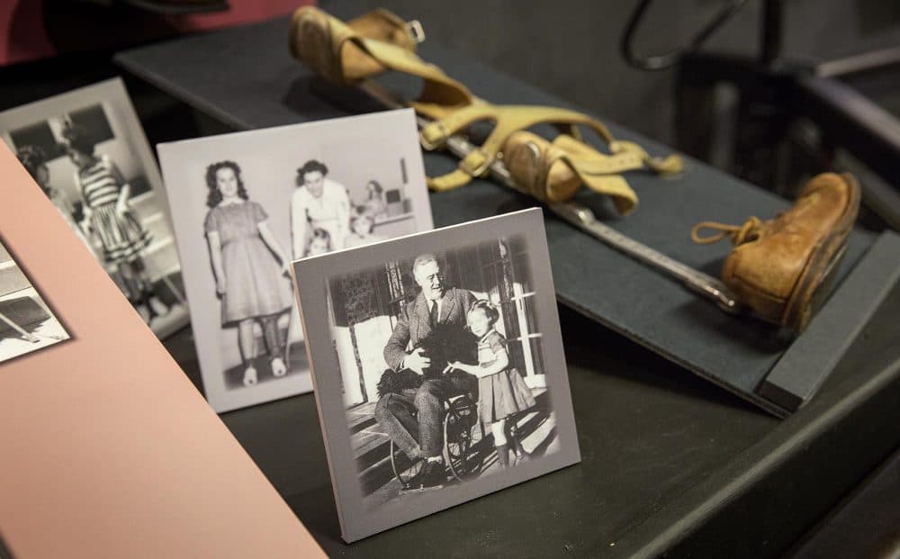 An image of FDR at a section of the exhibit titled "Society's Attempt at Erasing Disability." (Robin Lubbock/WBUR)
