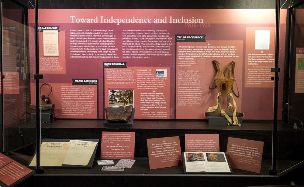 A section of the exhibit titled "Towards Independence and Inclusion." (Robin Lubbock/WBUR)