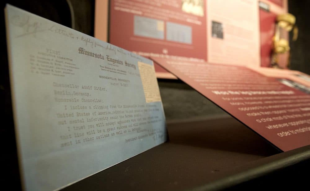 An image of a 1933 letter from the Minnesota Eugenics Society to Hitler is included in the "Society's Attempt at Erasing Disability" section of the exhibit. (Robin Lubbock/WBUR)