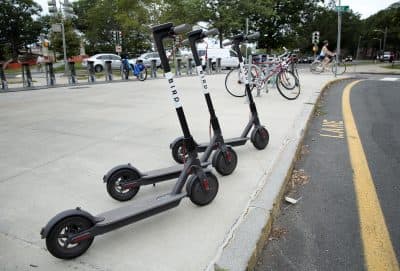 A "nest" of Bird scooters on Cowperthwaite Street in Cambridge (Robin Lubbock/WBUR)