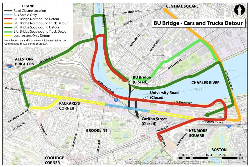 The BU Bridge will be closed for construction work from July 26 to Aug. 11. Here's what MassDOT recommends for drivers seeking detours. (Courtesy MassDOT)