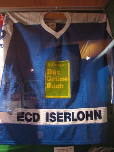 One of the two "Green Book" jerseys known to exist. This one, an away jersey that was never worn, is on exhibit at the German Ice Hockey Hall of Fame in Augsburg, Germany. (Courtesy Roosterfan via Wikimedia Commons)