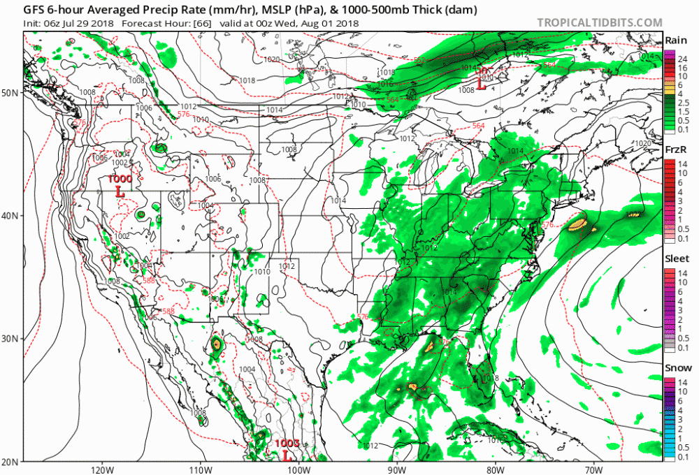 High pressure remains stuck in place off the coast keeping it warm and humid in New England. (Courtesy Tropical Tidbits)