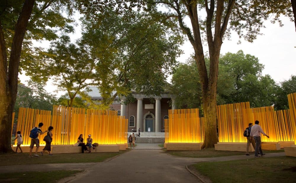 Visitors to Harvard Yard pass through the middle of Teresita Fernández's "Autumn (…Nothing Personal)," as the installation lights up the leaves on the trees around it in the early evening. (Robin Lubbock/WBUR)