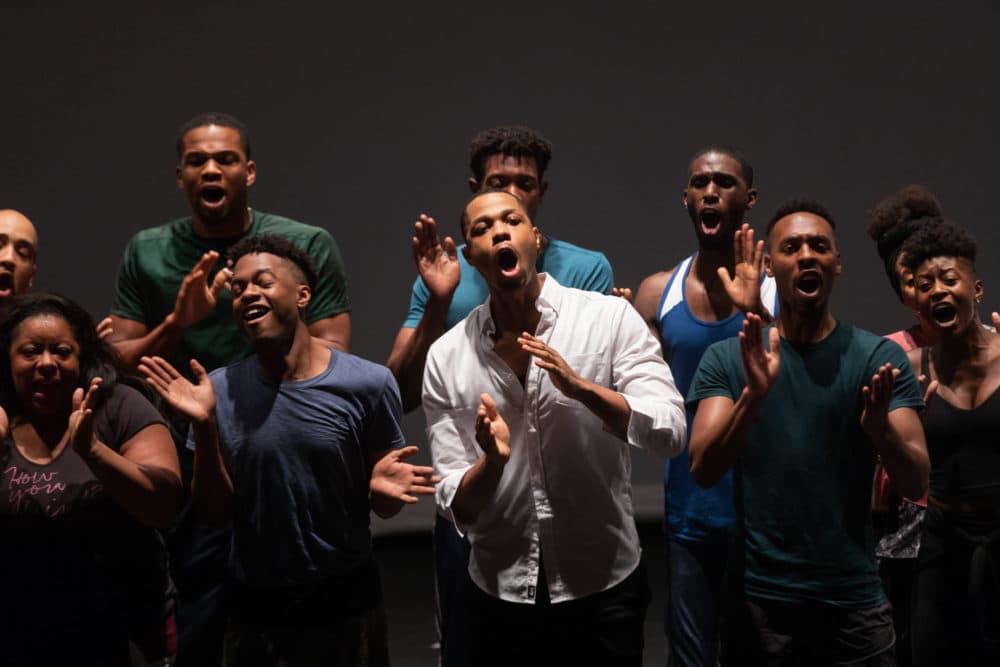 The cast of American Repertory Theater's "Black Clown" in rehearsal. (Courtesy Maggie Hall/A.R.T.)