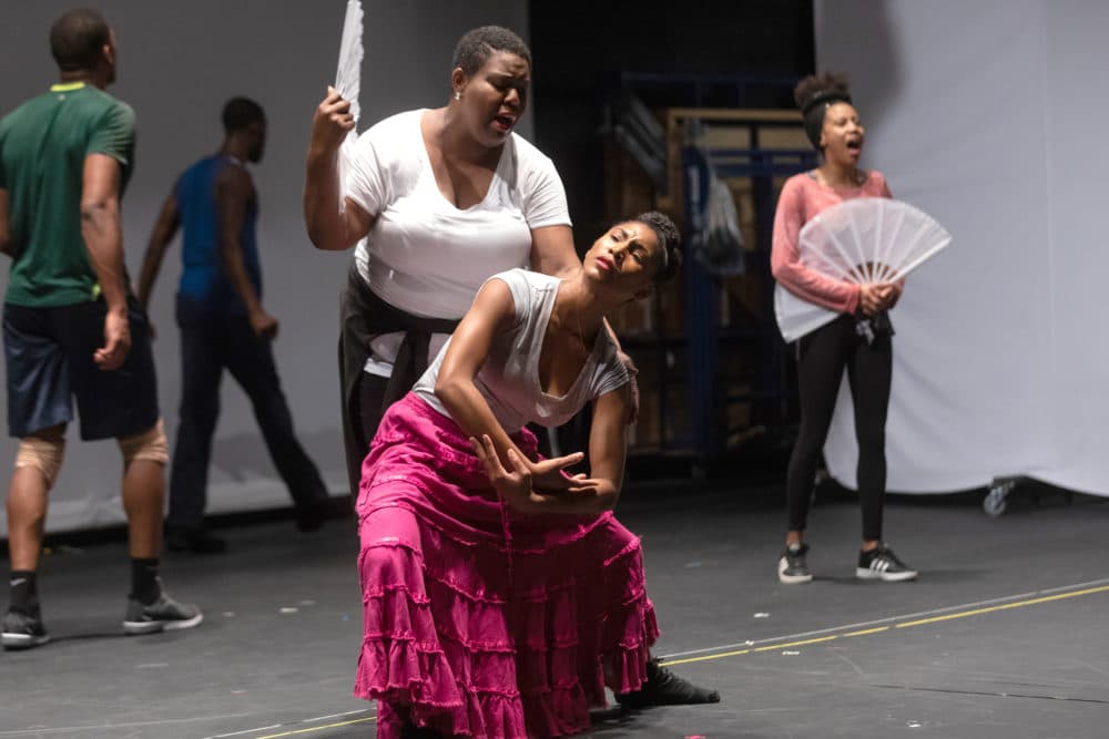Dawn Bless, Amber Pickens, and Hailee Wright in rehearsal for "The Black Clown." (Courtesy Maggie Hall/A.R.T.)