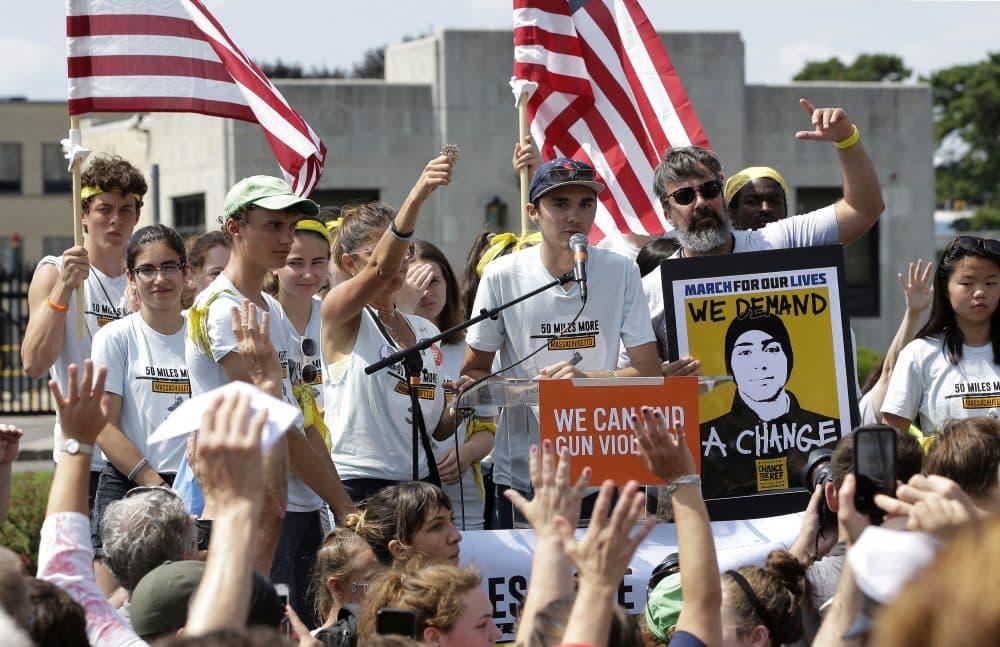 David Hogg, center, a survivor of the school shooting at Marjory Stoneman Douglas High School, in Parkland, Florida, addresses a rally in front of the headquarters of gun manufacturer Smith & Wesson. (Steven Senne/AP)