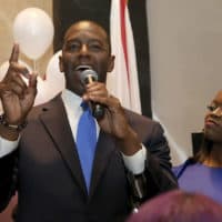 Andrew Gillum with his wife, R. Jai Gillum at his side addresses his supporters after winning the Democrat primary for governor on Tuesday, Aug. 28, 2018, in Tallahassee, Fla. (Steve Cannon/AP)